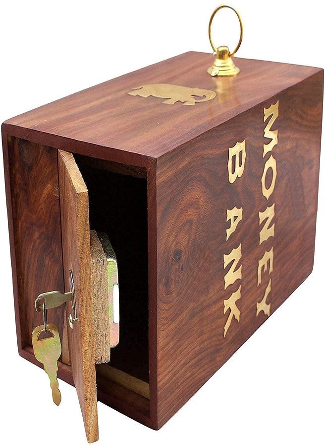 Giftoshopee Wooden Piggy Bank for Kids, (15.5 * 11 * 11cm)(6 * 4 inch) Handcrafted Brown Design Large Size Made by SHEESHAM Wood and Brass Golden Work/Piggy Bank/Money Bank/Money Box/Good for Saving - Image 5